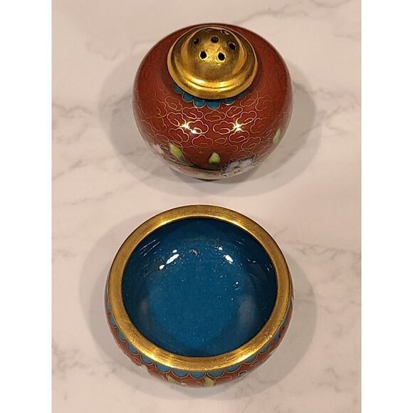 Cloisonné Open Salt Bowl Cellar Pepper Shaker Flower Red Enamel Brass Stacking - Picture 3 of 8